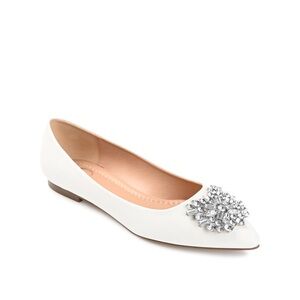 Journee Collection White Pointed Toe Flats with Crystal Brooch